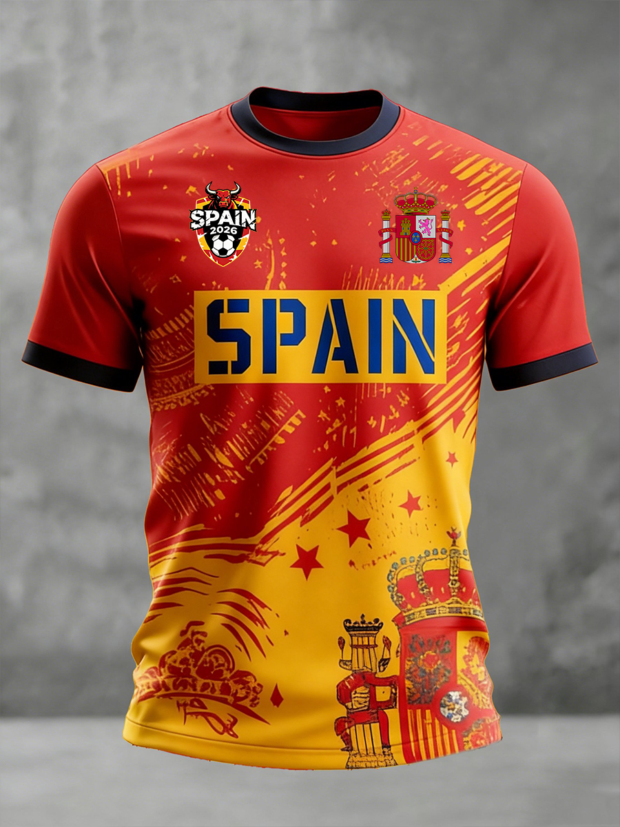 T-shirt à manches courtes imprimé football espagnol pour hommes