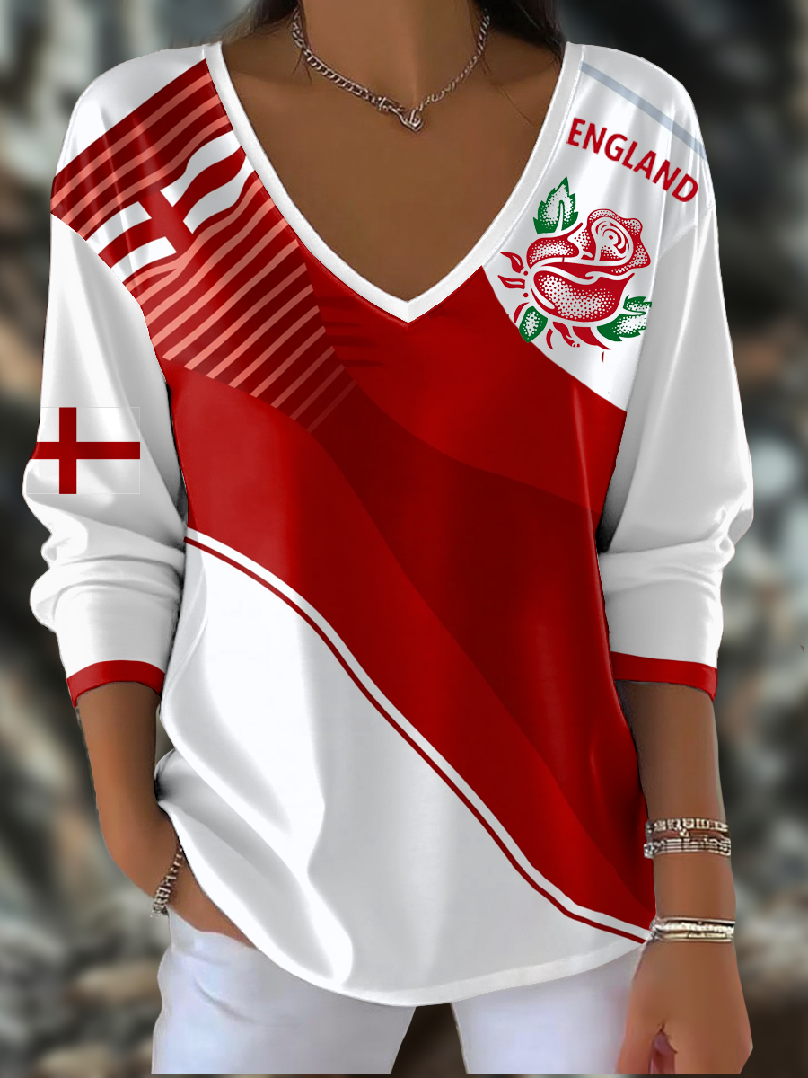 T-shirt à col en V imprimé England Rugby Lover Femme