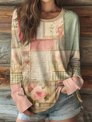 T-shirt à manches longues col rond en patchwork floral rose pour femme
