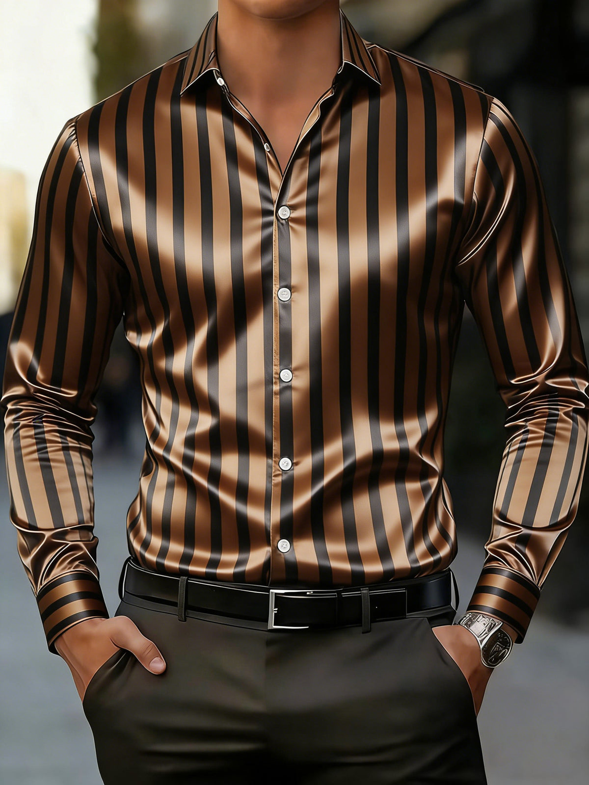 Chemise en satin imprimé à rayures pour hommes