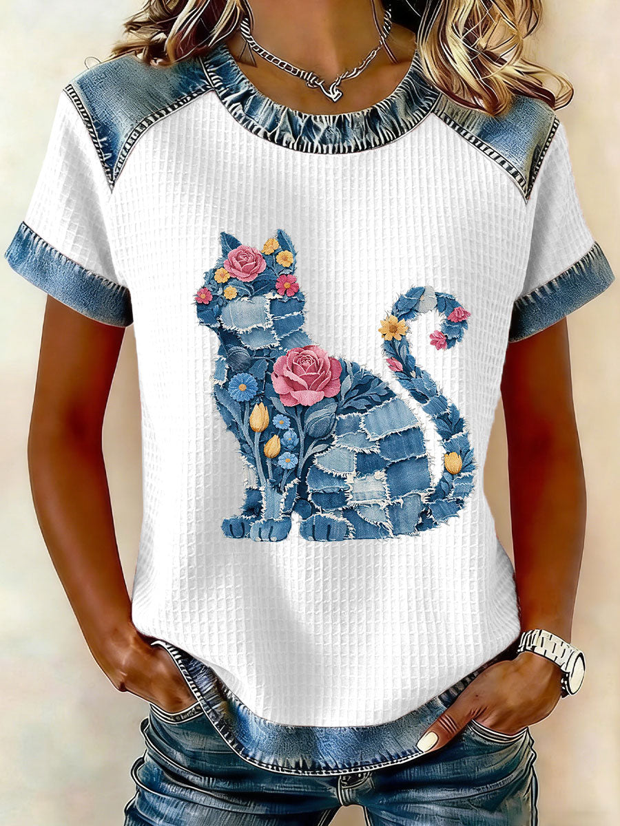 T-shirt décontracté pour femmes à imprimé chat et fleurs