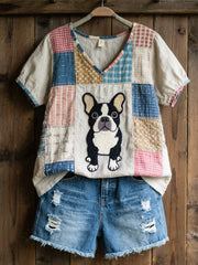 Femmes Belle Français Bulldog Motif Patchwork Art V-Neck Top