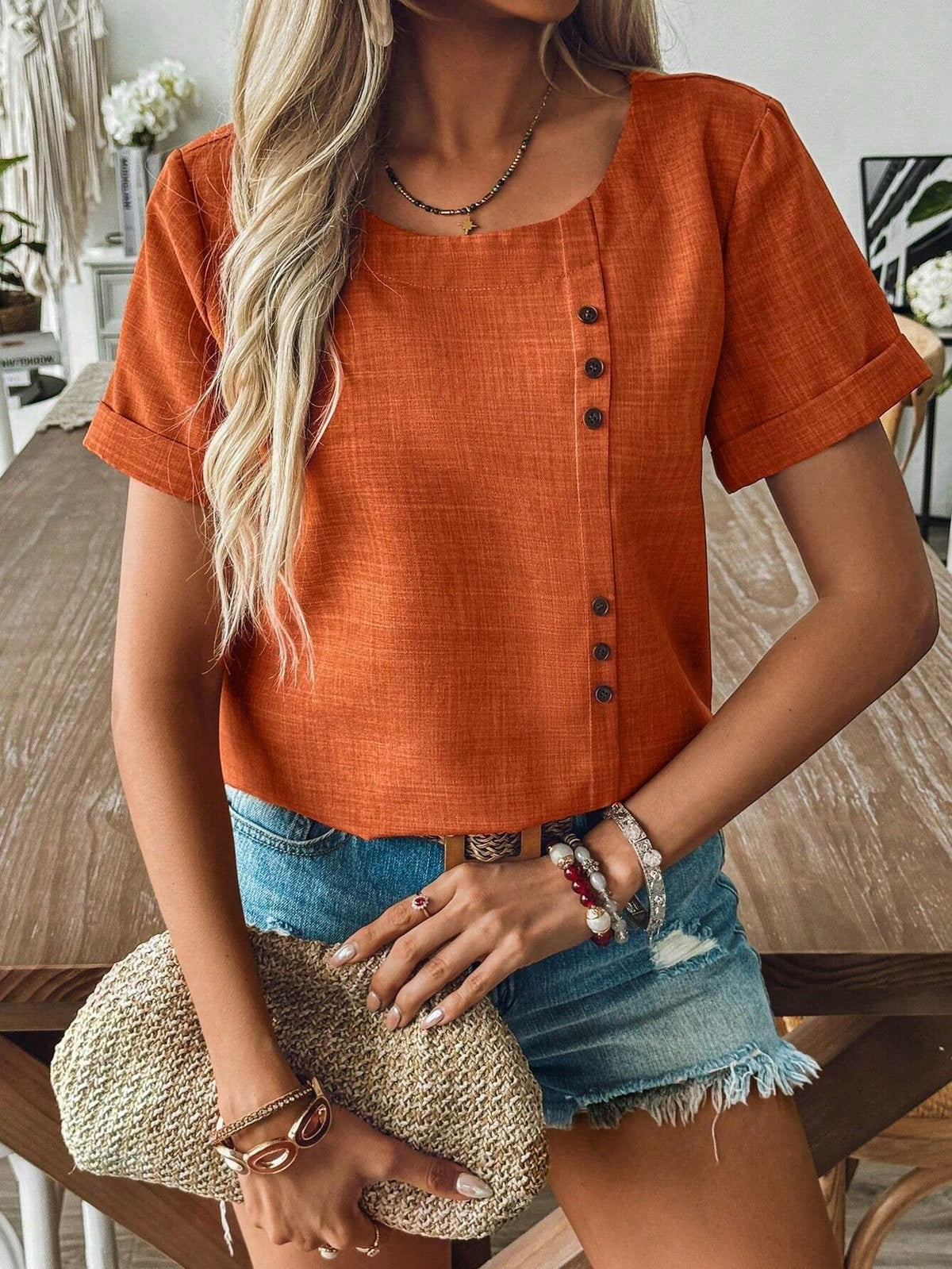 Chemise décontractée pour femme en bambou et lin, ornée de motifs floraux, avec fermeture par boutons