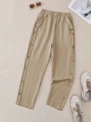 Pantalon droit à boutons sur le côté, couleur unie, décontracté, pour femme