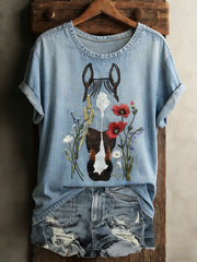 Vintage Horse Art Print T-shirt décontracté à manches courtes pour femmes