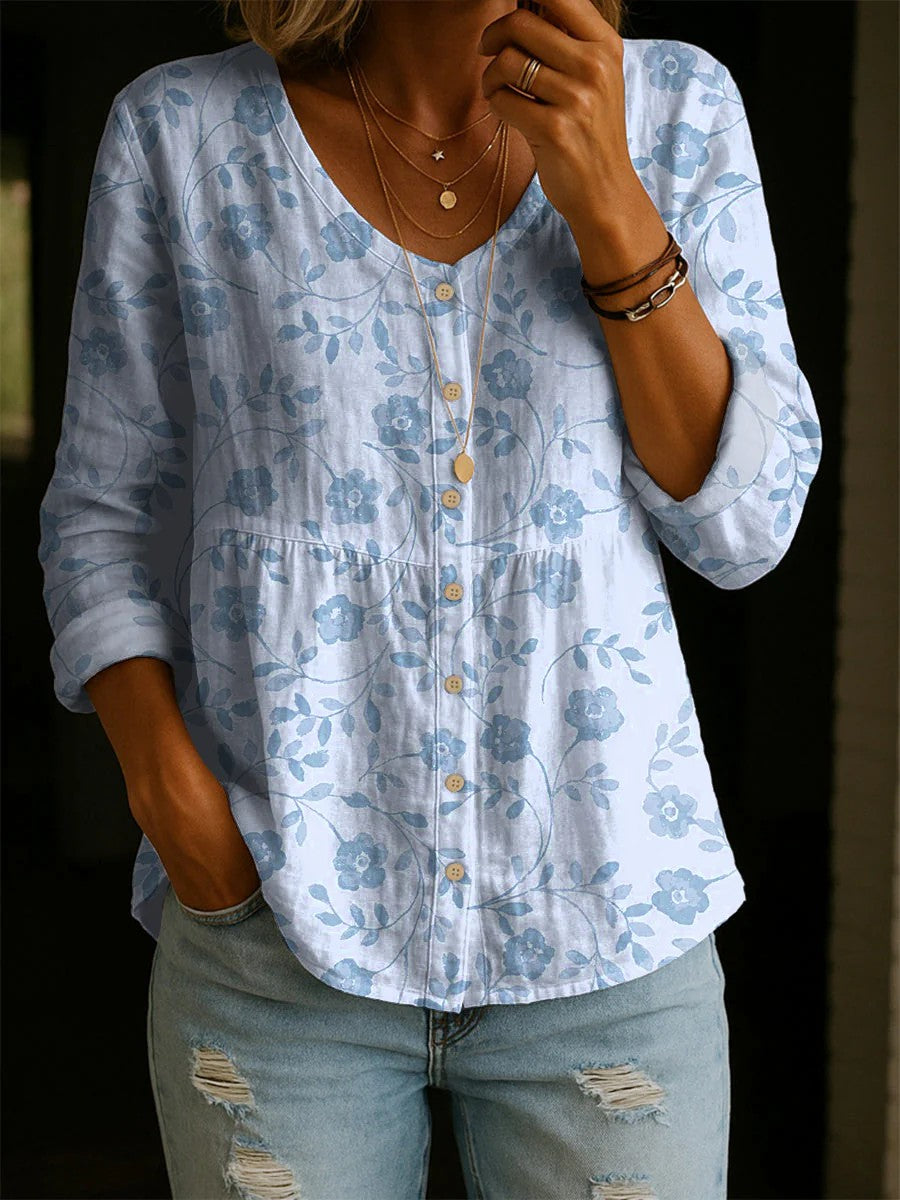 Chemise décontractée en coton et lin à imprimé floral pour femme