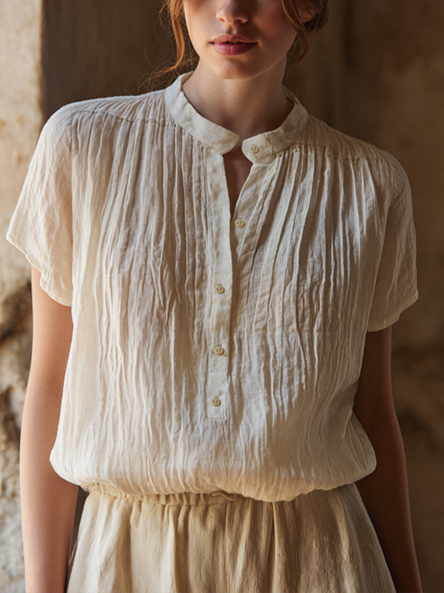 Chemise en mélange de lin de couleur unie simple pour femmes