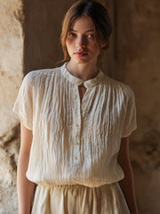 Chemise en mélange de lin de couleur unie simple pour femmes