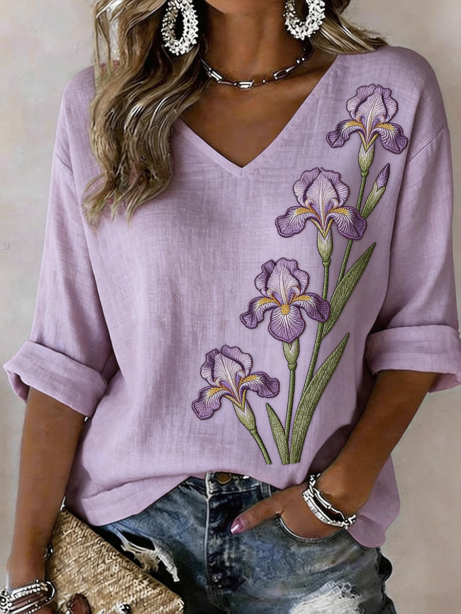 Chemise Femme Iris Flower Broderie Pattern Lin Blend