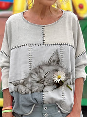Sweat-shirt imprimé artistique en patchwork avec chat mignon pour femme