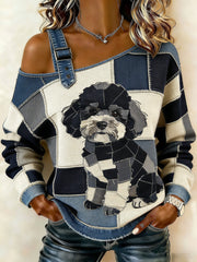 Sweat-shirt décontracté à épaules dénudées pour femmes Vintage Canvas Dog Patchwork Print