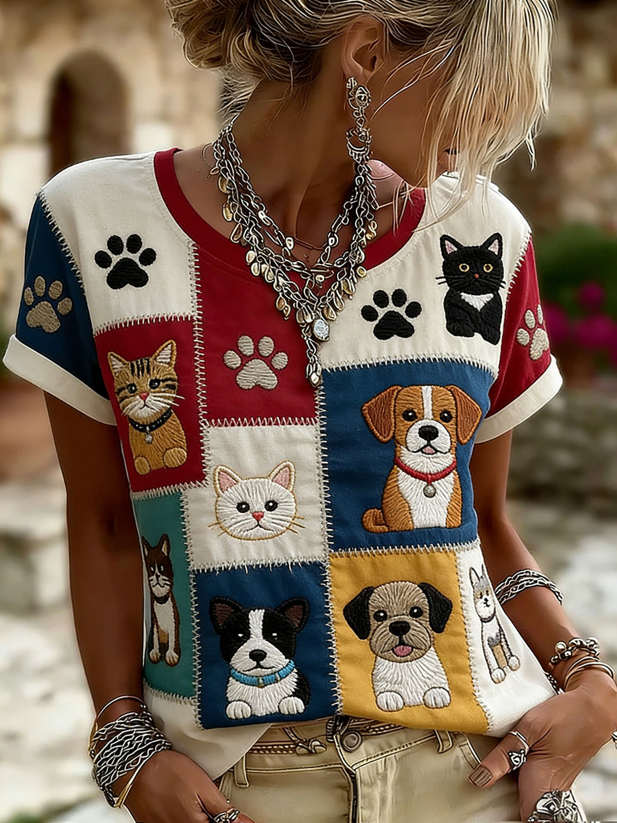 T-shirt décontracté pour femme avec imprimé chat et chien