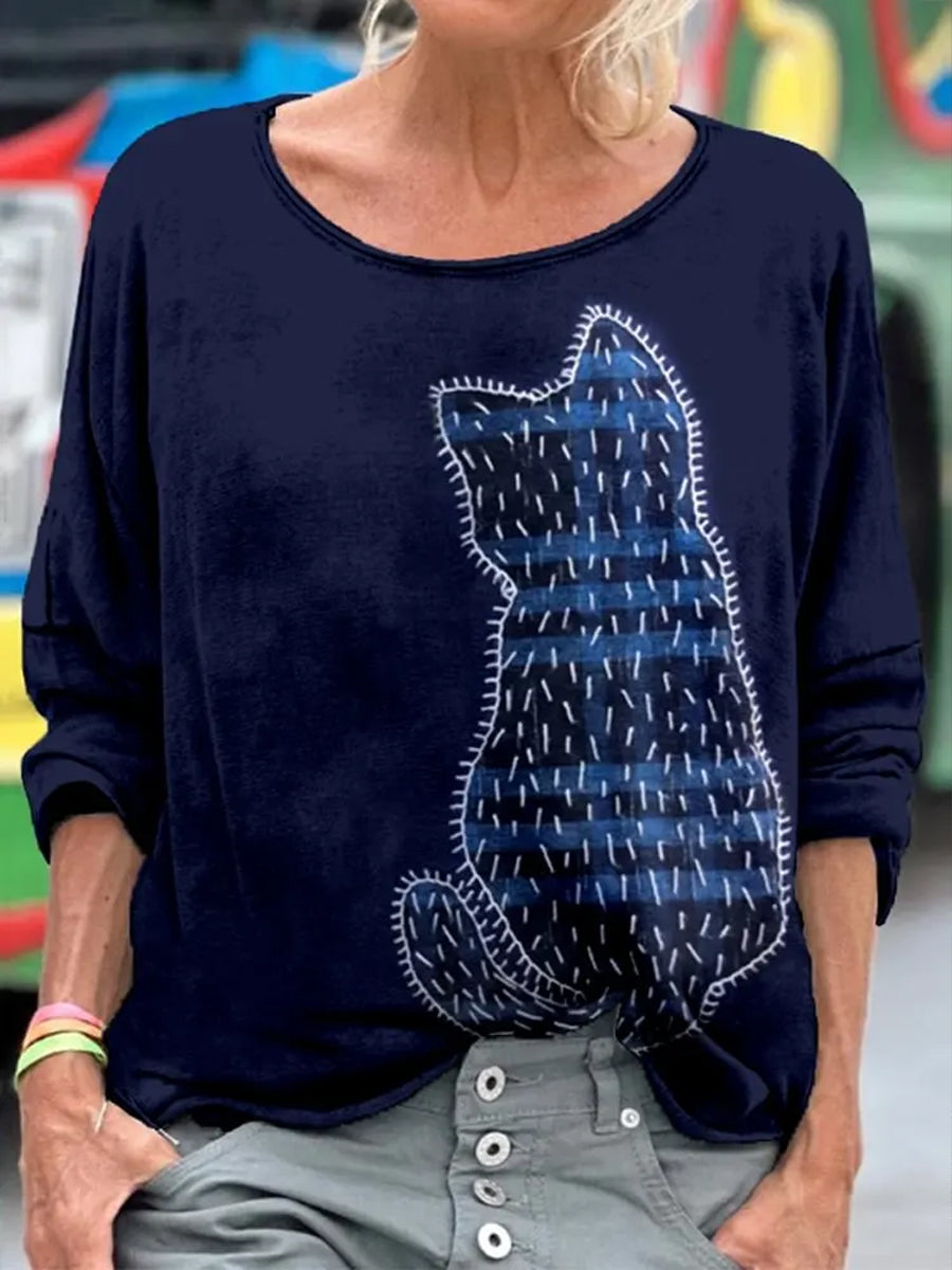 Sweat-shirt imprimé artistique en patchwork avec chat mignon pour femme