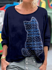 Sweat-shirt imprimé artistique en patchwork avec chat mignon pour femme