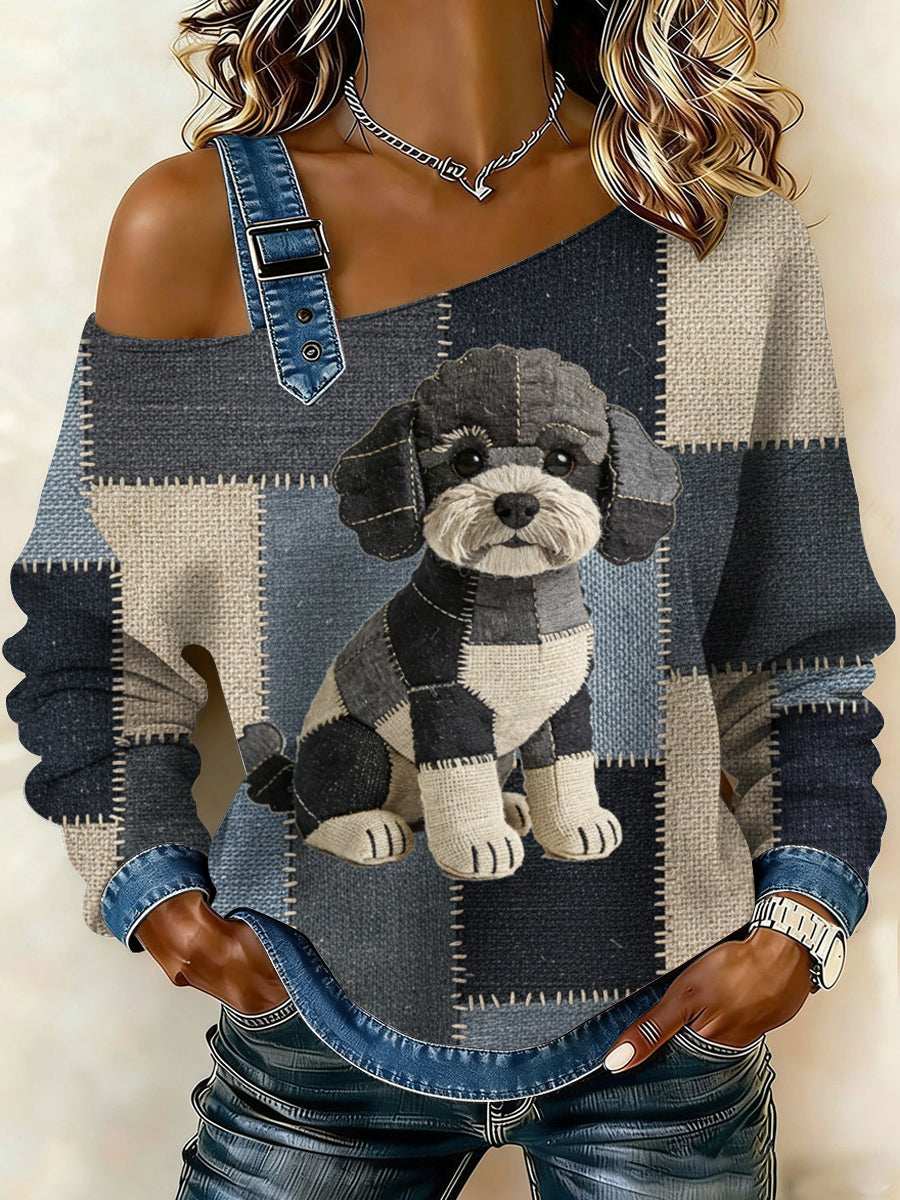 Sweat-shirt décontracté à épaules dénudées pour femmes Vintage Canvas Dog Patchwork Print