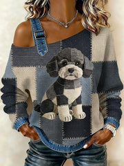 Sweat-shirt décontracté à épaules dénudées pour femmes Vintage Canvas Dog Patchwork Print
