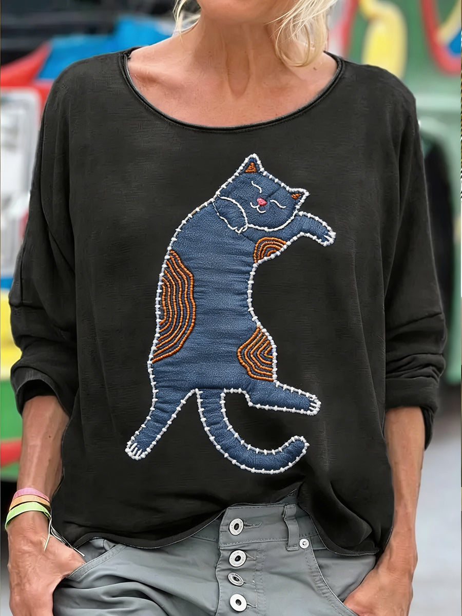 Sweat-shirt drôle mignon chat patchwork art imprimé des femmes
