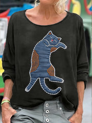 Sweat-shirt drôle mignon chat patchwork art imprimé des femmes