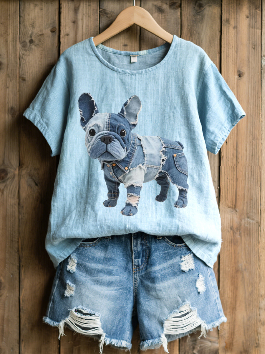 Lovely French Bulldog Denim Patchwork Chemise en mélange de lin pour femmes
