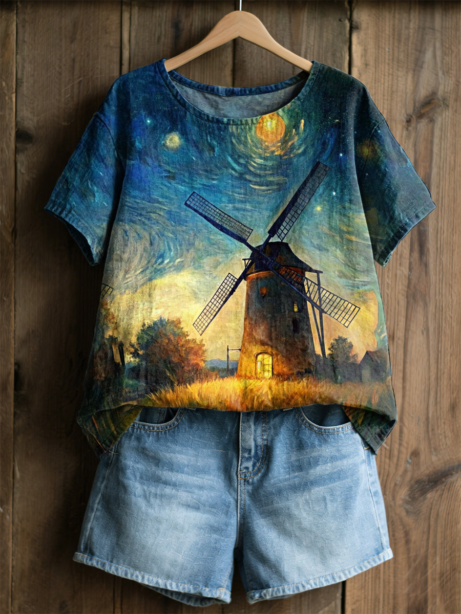 Peinture à l'huile rétro ciel étoilé moulin à vent Tulipe Print Casual chemise à manches courtes