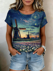 Chemise décontractée à manches courtes pour femme, style rétro, avec impression peinture à l’huile du ciel étoilé, moulin à vent et tulipes