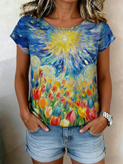 Chemise à manches courtes décontractée à imprimé tulipe ciel étoilé peinture à l'huile pour femmes