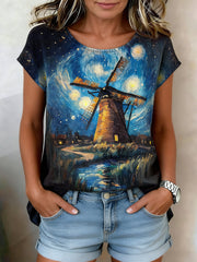 Chemise à manches courtes décontractée à imprimé de moulin à vent de ciel étoilé rétro pour femmes