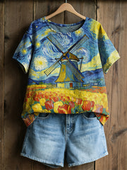Chemise décontractée à manches courtes pour femme, style rétro, avec impression peinture à l’huile du ciel étoilé, moulin à vent et tulipes