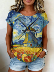 Chemise décontractée à manches courtes pour femme, style rétro, avec impression peinture à l’huile du ciel étoilé, moulin à vent et tulipes