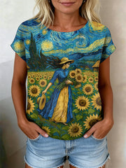 Chemise à manches courtes décontractée à imprimé tournesol ciel étoilé peinture à l'huile rétro pour femmes