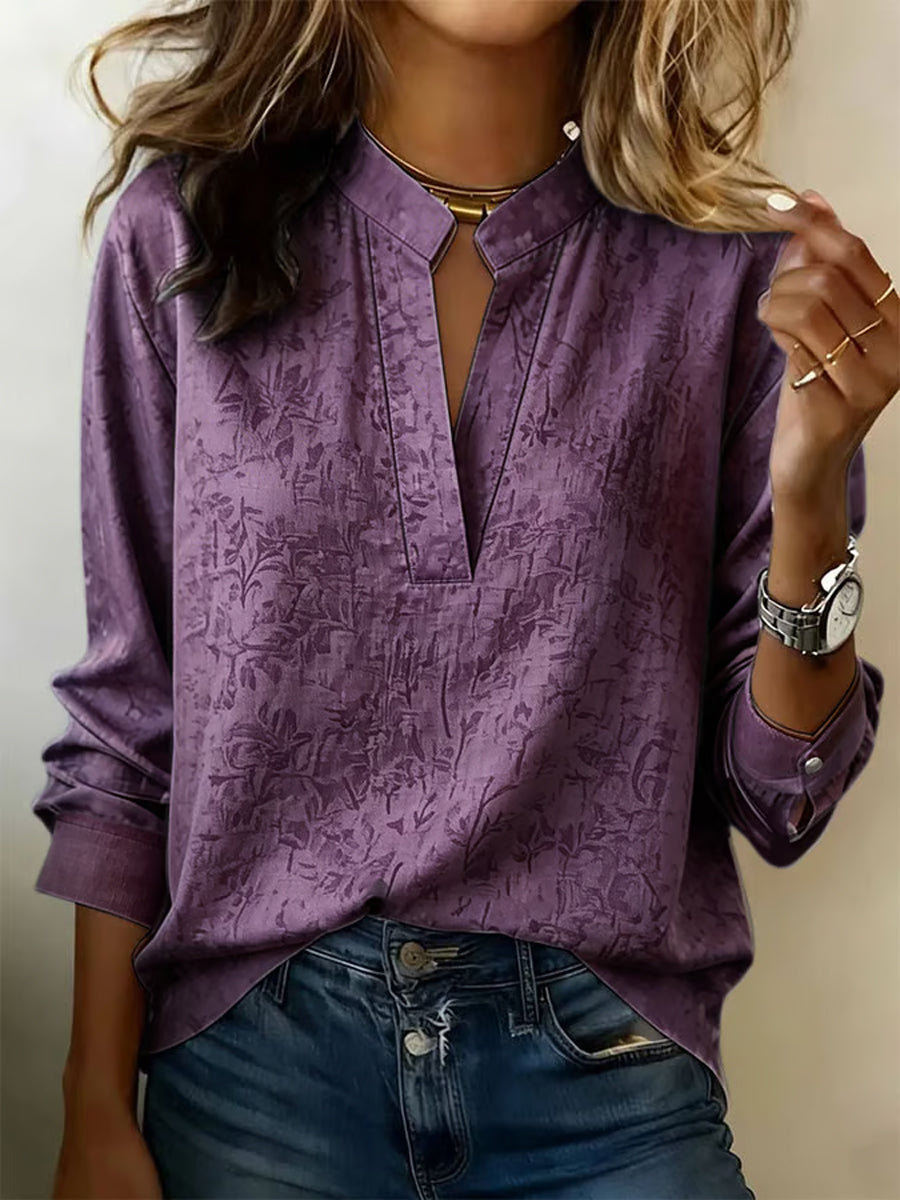 Chemise à col en V en mélange de lin à motif floral pour femmes