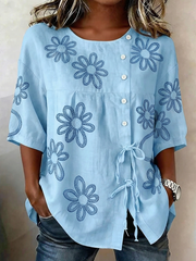 Chemise pour femme en mélange de lin, à boutons et à lacets, motifs plantes et fleurs