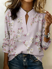 Chemise à col en V en mélange de lin à motif floral pour femmes