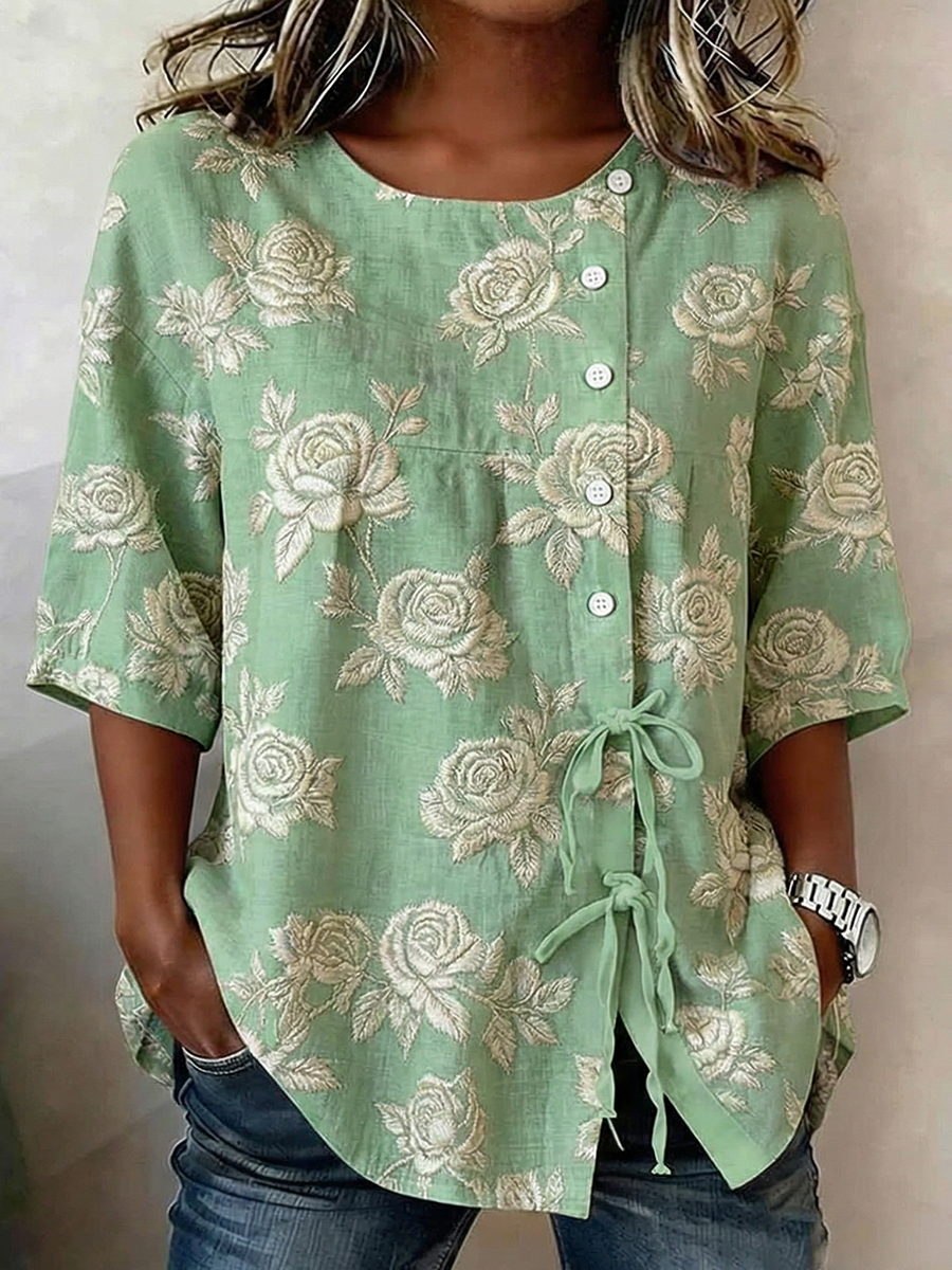 Chemise Femme Boutonnée Et Lacée Plantes Et Fleurs En Lin Mélangé