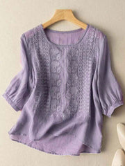 T-shirt décontracté Floral en coton-lin Femme
