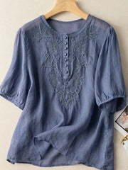T-shirt floral en coton et lin pour femme