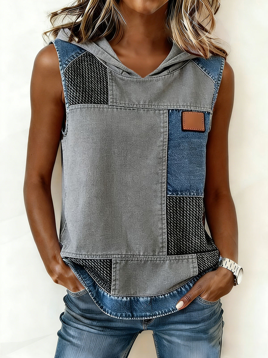 Haut à capuche en jean simple et patchwork pour femmes