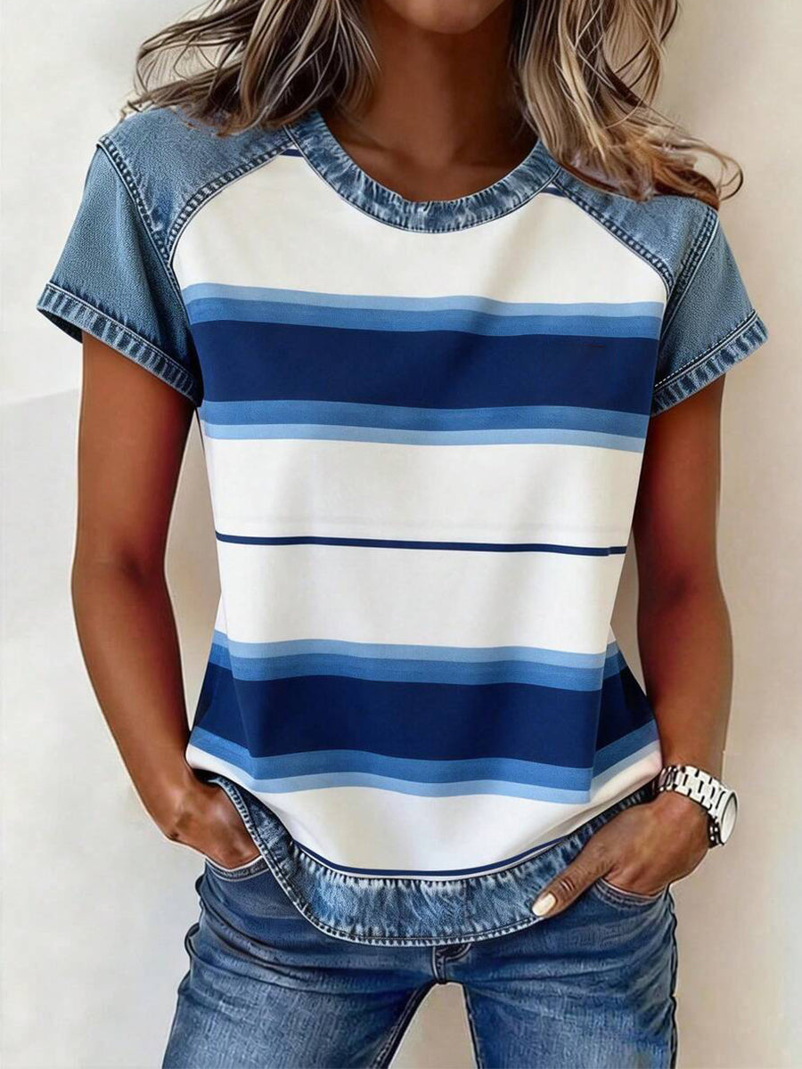 Haut en denim à patchwork et imprimé rayé pour femme