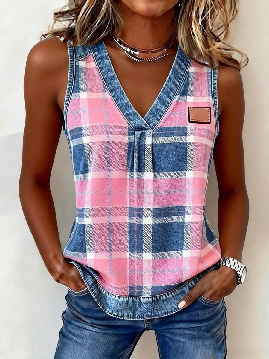 Haut en patchwork en denim à motif à carreaux pour femmes