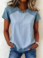 Haut en denim à patchwork et imprimé rayé pour femme