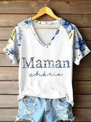 T-shirt femme manches courtes col V épaules dénudées Maman chérie