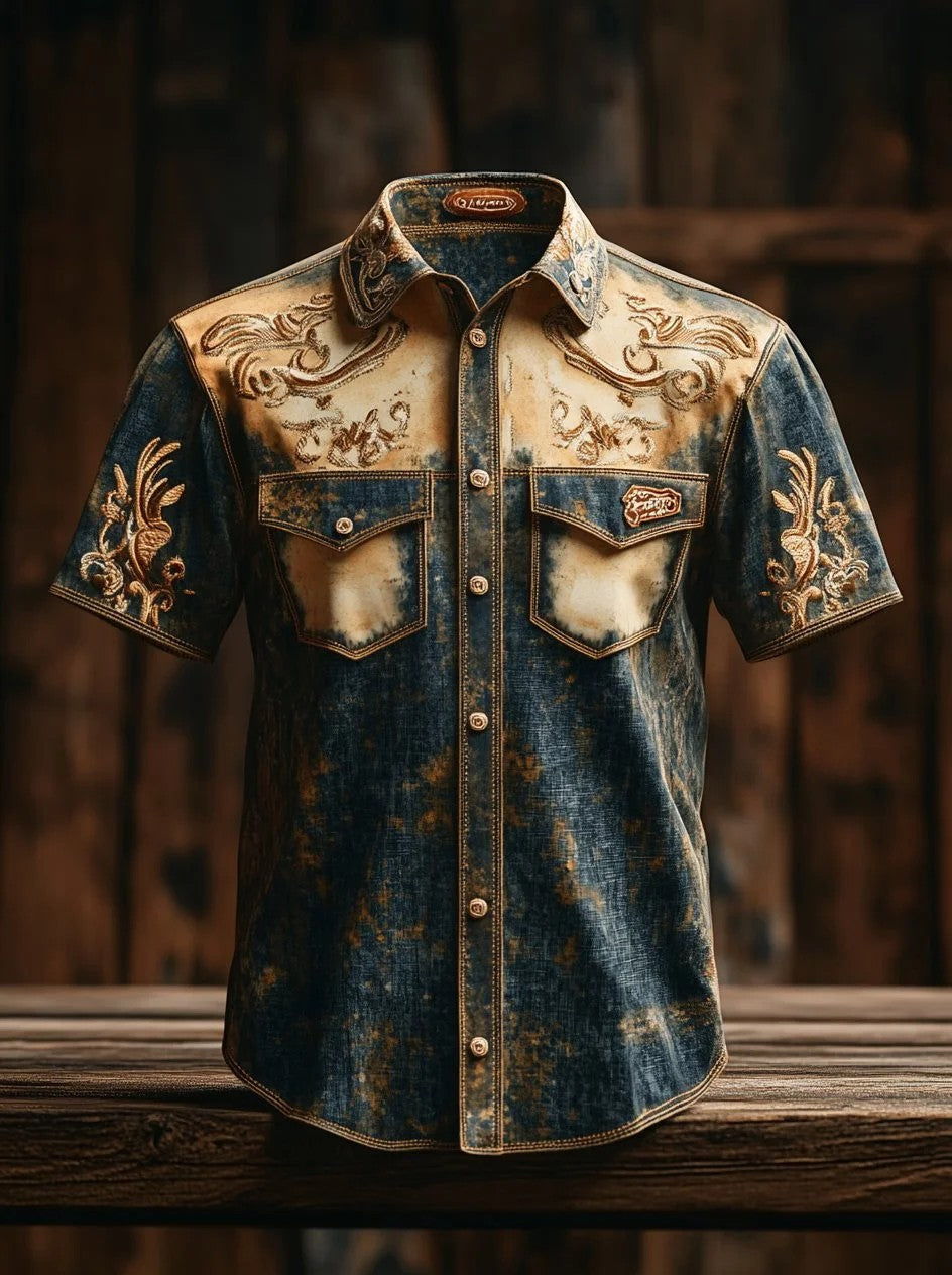 Chemise occidentale à empiècement pour homme, manches courtes