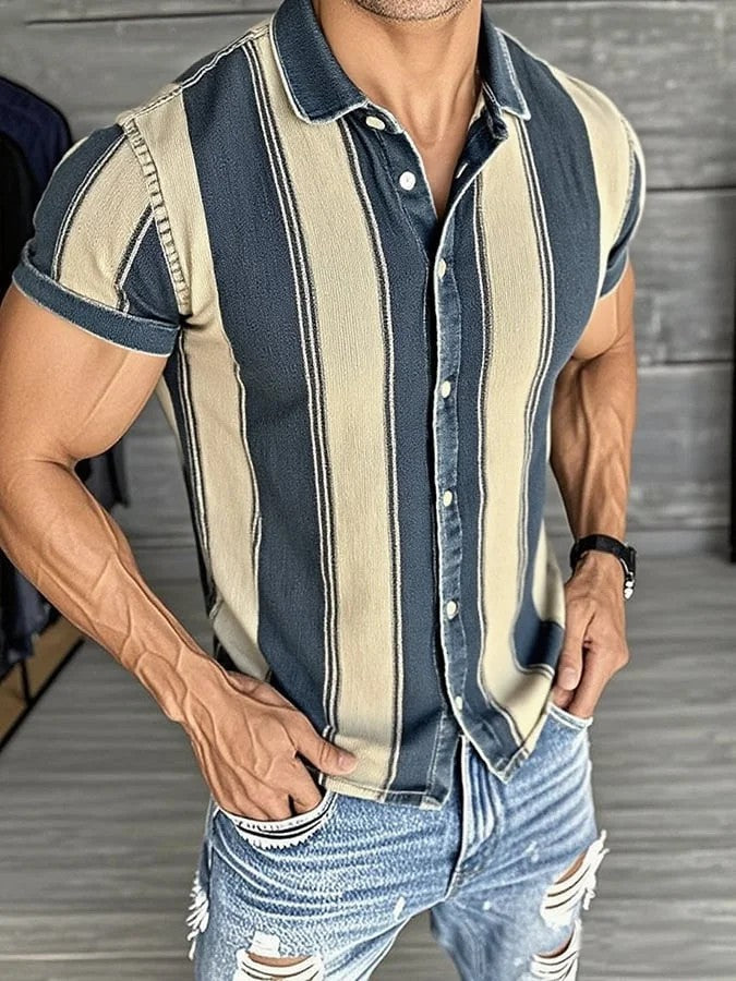 Chemise à manches courtes Casual Retro Stripe Graphic Print pour hommes