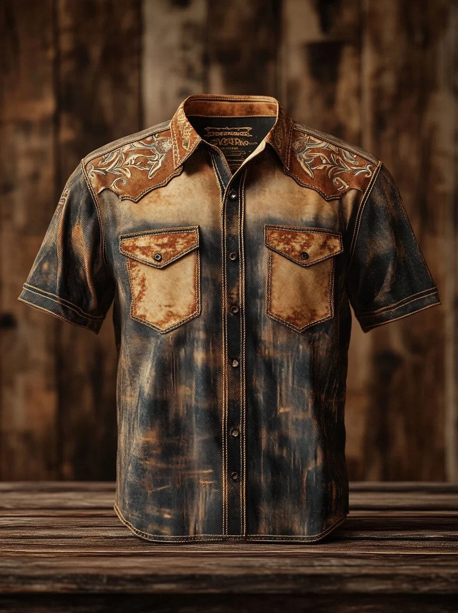 Chemise occidentale à empiècement pour homme, manches courtes