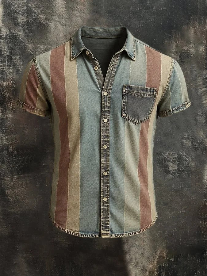 Chemise décontractée pour hommes, style rétro, à rayures, avec impression graphique, manches courtes