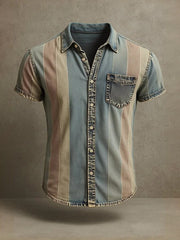 Chemise décontractée pour hommes, style rétro, à rayures, avec impression graphique, manches courtes