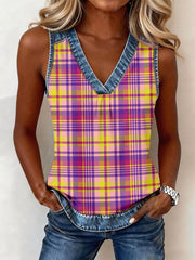 Élégant Plaid Imprimer Denim Patchwork V-Neck Top des femmes