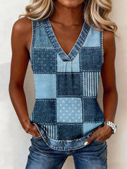 Haut en denim à patchwork et col en V pour femme
