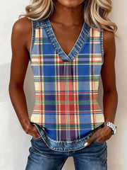 Top vintage en denim à imprimé écossais et patchwork, col en V, pour femme