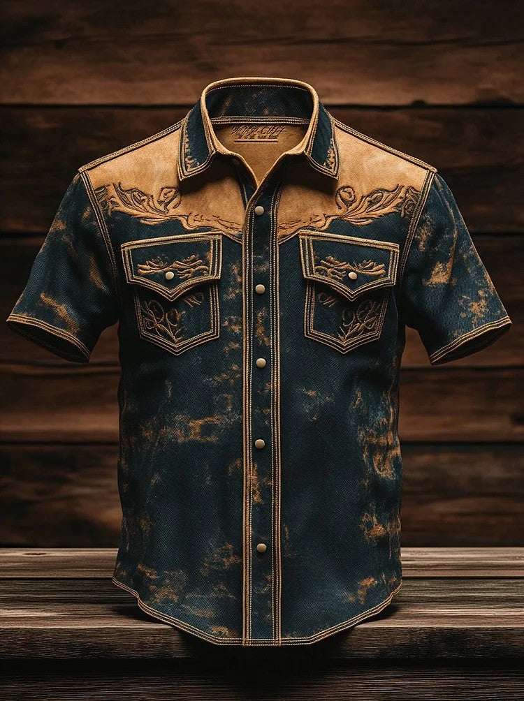 Chemise occidentale à empiècement pour homme, manches courtes